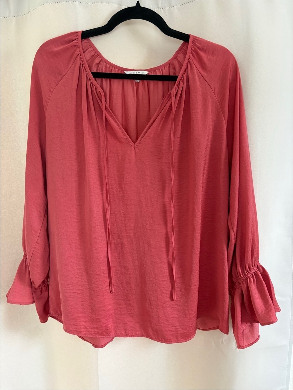 Lucky Brand Women's Satin Peasant Blouse Bell Sleeve Pink Coral Size L